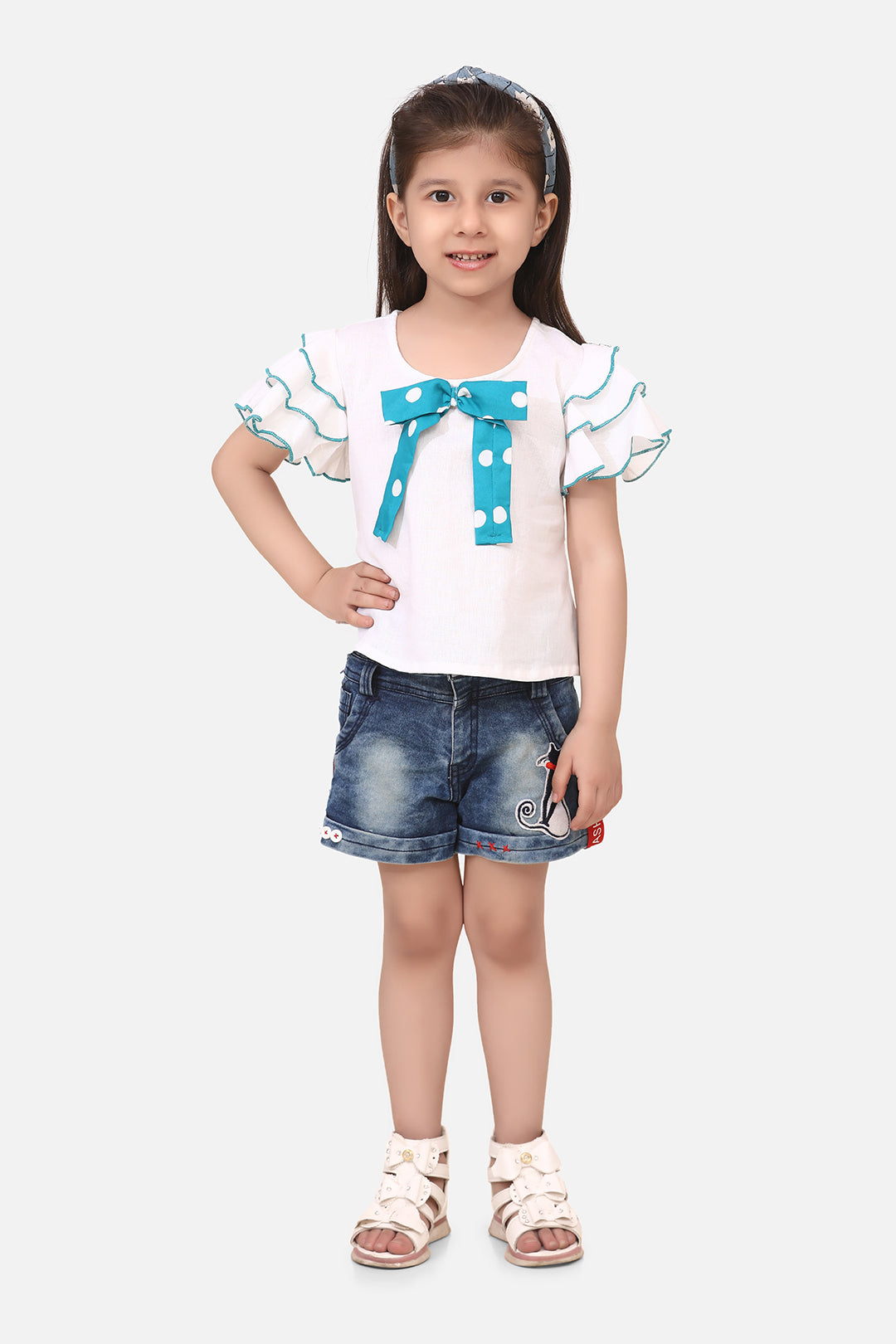 Girls White & Sky Blue Solid Ruffle Sleeves Top