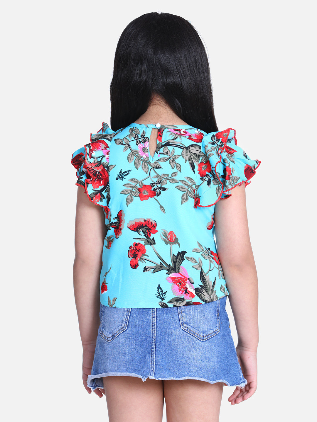 Cutiekins Floral Print Ruffle Sleeves Top-Aqua Blue & Red