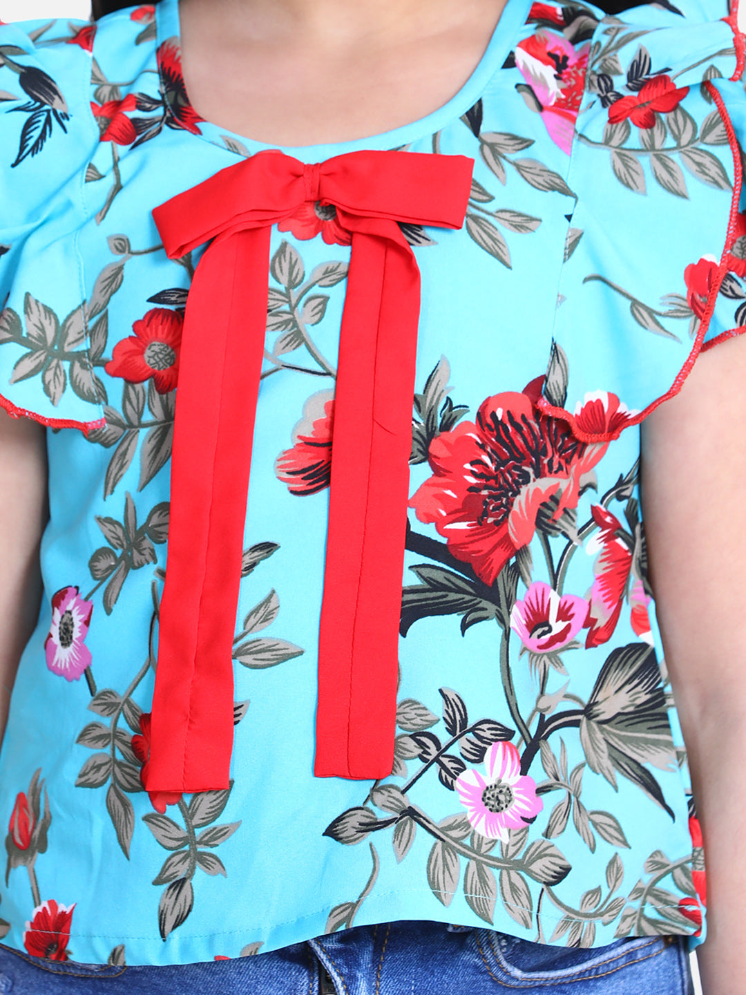 Cutiekins Floral Print Ruffle Sleeves Top-Aqua Blue & Red