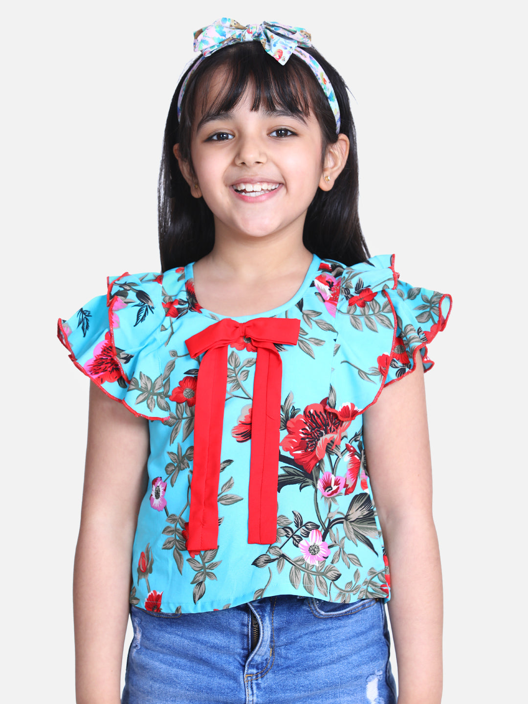 Cutiekins Floral Print Ruffle Sleeves Top-Aqua Blue & Red