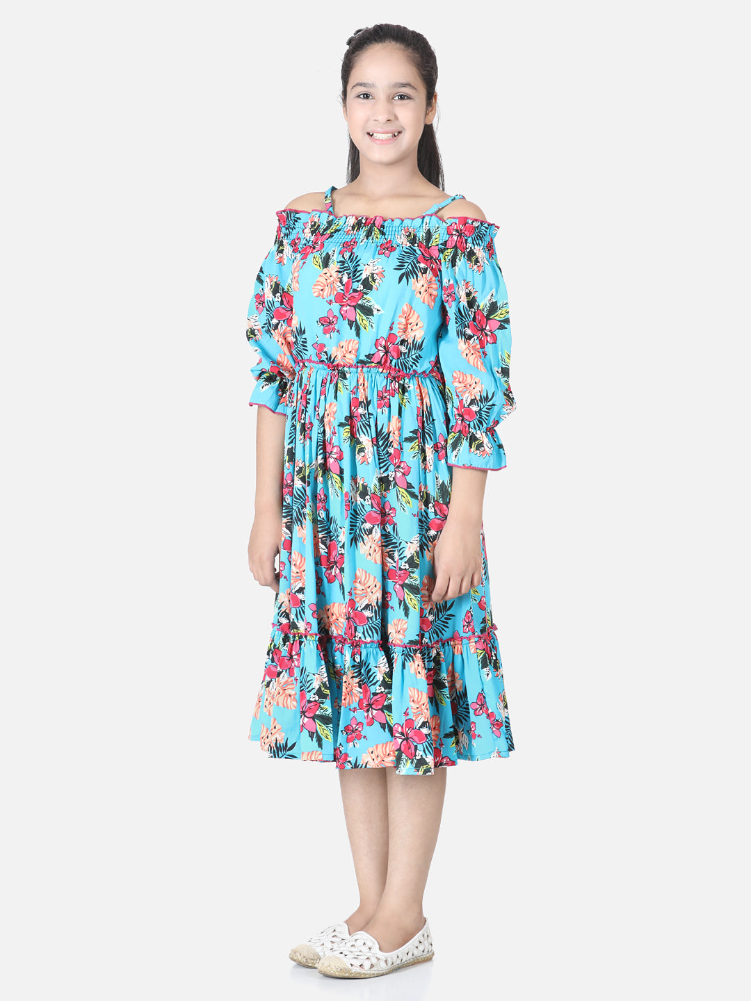 Cutiekins Girls Below Knee Casual Dress (Light Blue, 3/4 Sleeve)