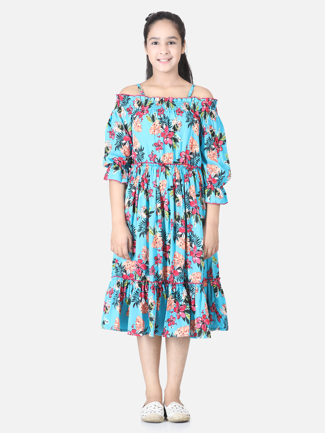 Cutiekins Girls Below Knee Casual Dress (Light Blue, 3/4 Sleeve)