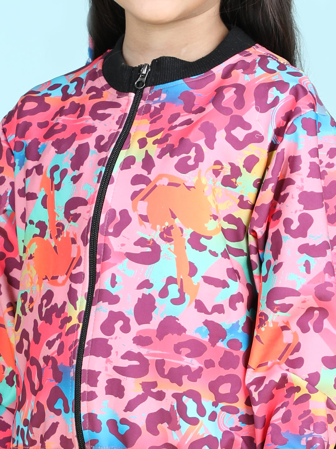 Cutiekins Cotton Lycra Leoaped Print Full Sleeves Jacket-Purple & Black