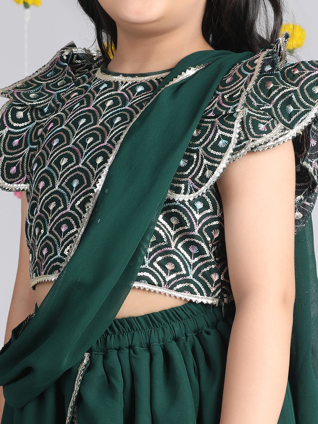 Cutiekins Girls Ethnic Motifs Embroidered Regular Gotta Patti Top with Dhoti Pants & Dupatta -Dark Green & Gold