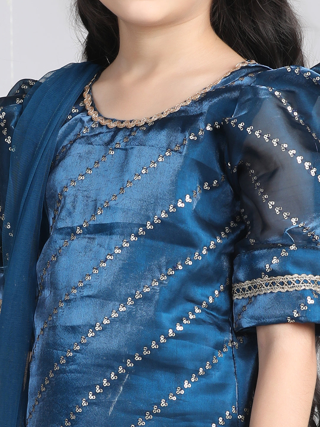Cutiekins Girls Leheriya Embroidered Gotta Patti Kurta & Palazzos with Dupatta -Dark Blue & Gold