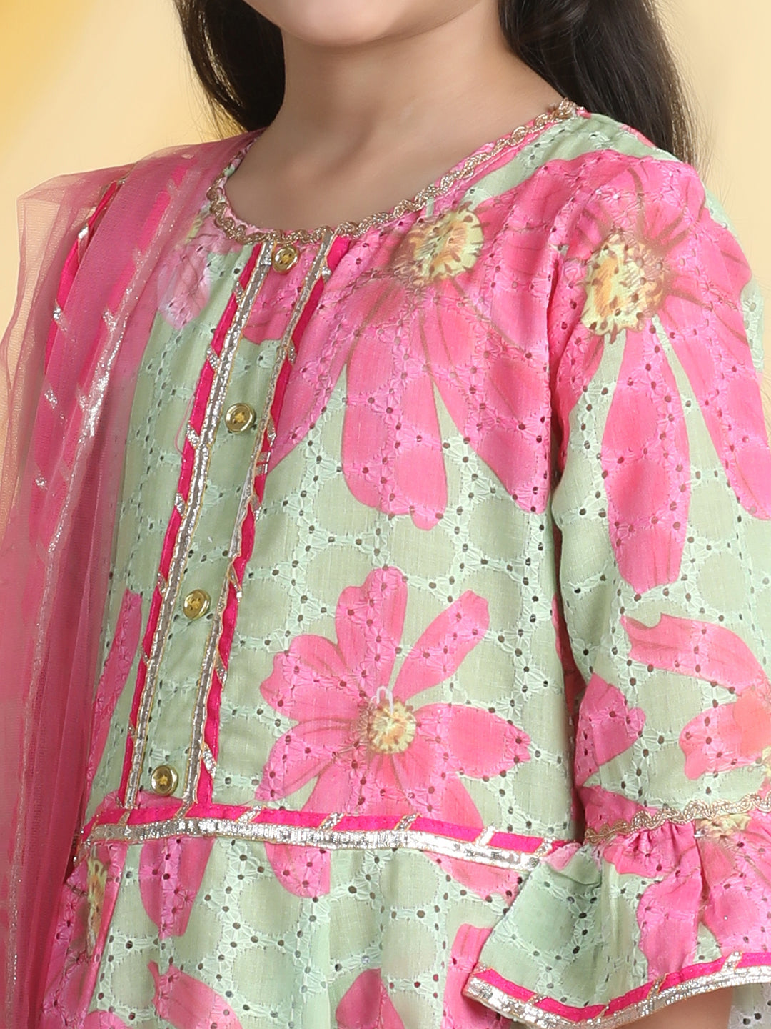 Cutiekins Girl Floral Print Anarkali Kurta & Palazzo With Dupatta -Green & Pink