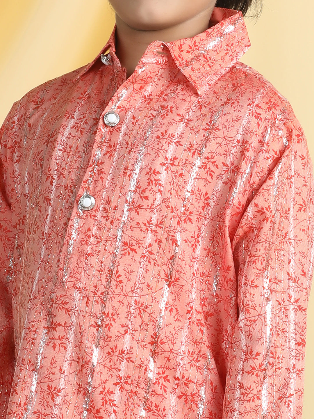 Cutiekins Boys Floral Print Shirt Collar Kurta with Pajama -Coral & Orange