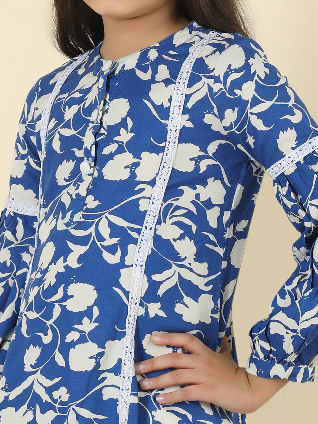 Cutiekins Girls Round Neck Tropical Print Dress -Dark Blue & White