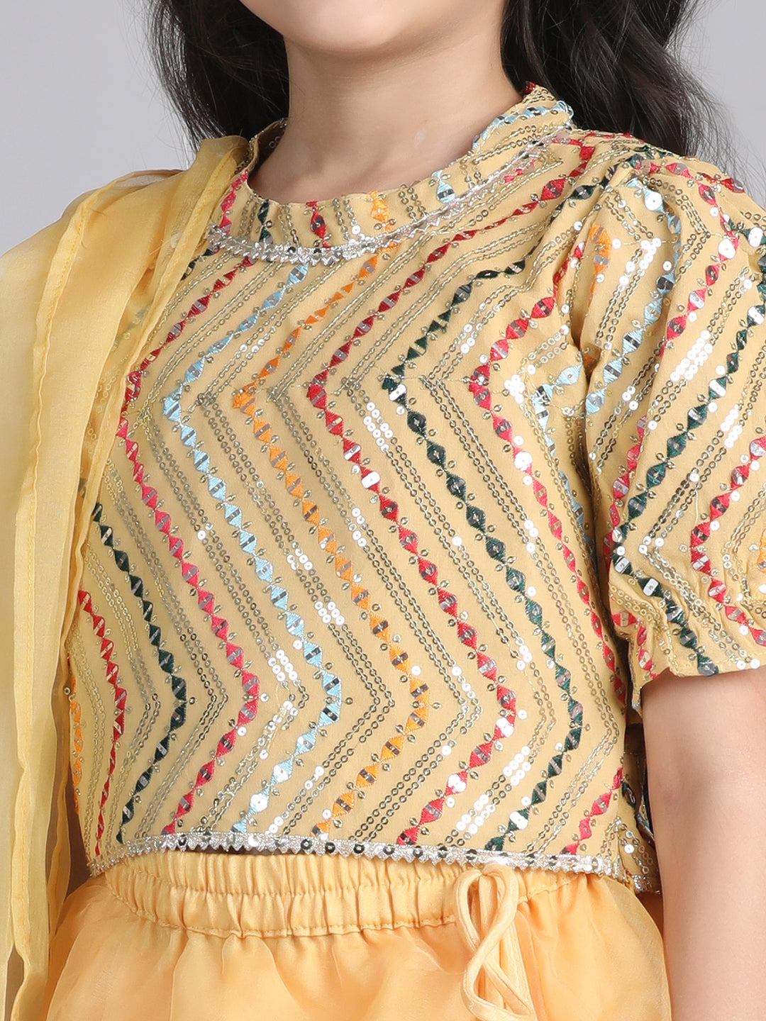 Cutiekins Girls Embroidered Sequinned Ready to Wear Lehenga & Choli With Dupatta -Mustard & Silver
