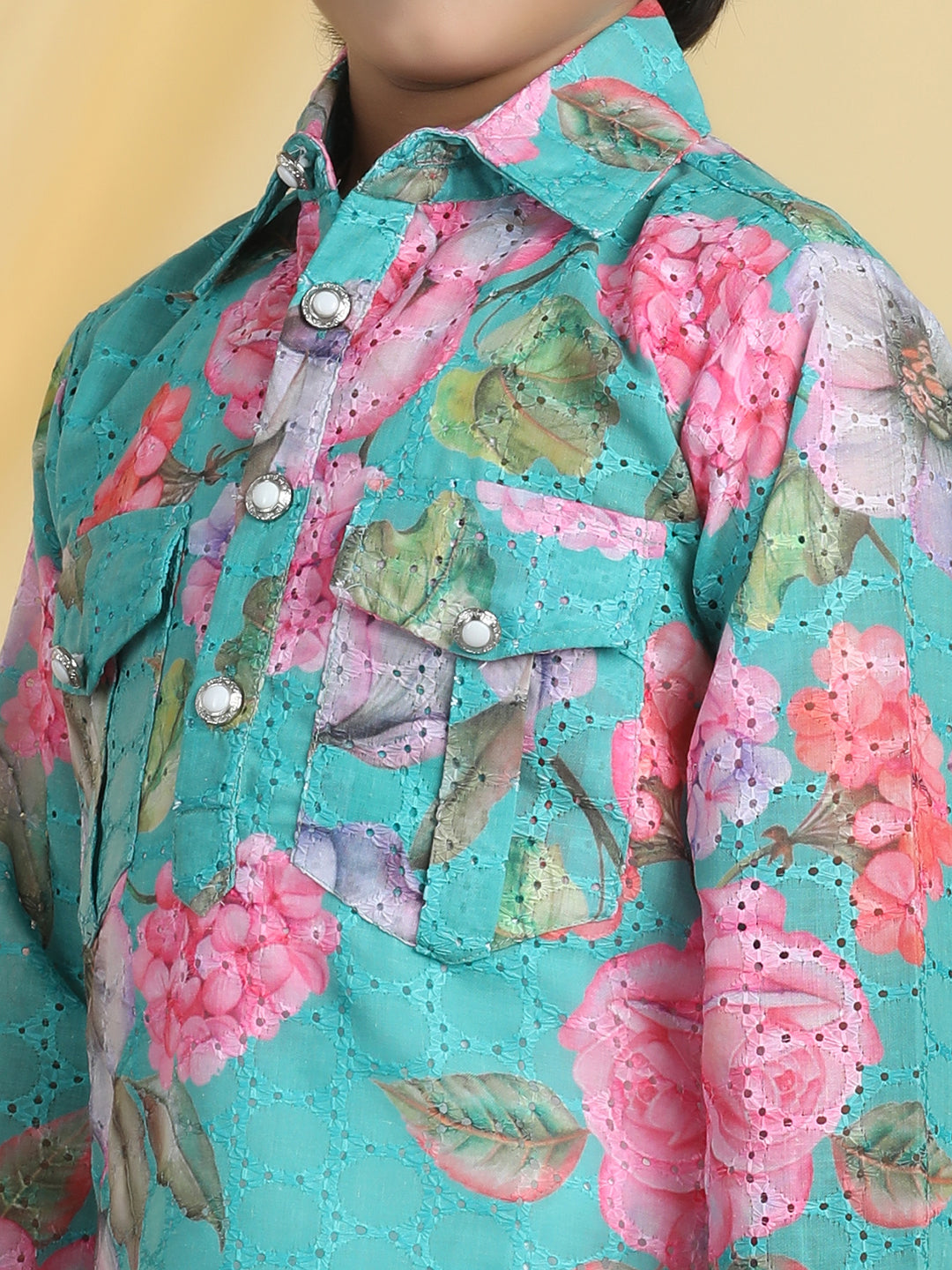 Cutiekins Boys Floral Print Shirt Collar Kurta & Pajama Set -Sea Green & White