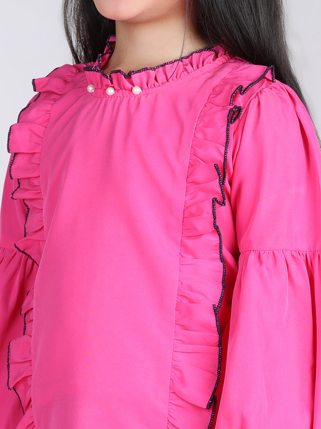 Cutiekins Solid Full Sleeves Polyester Tops-Pink & White