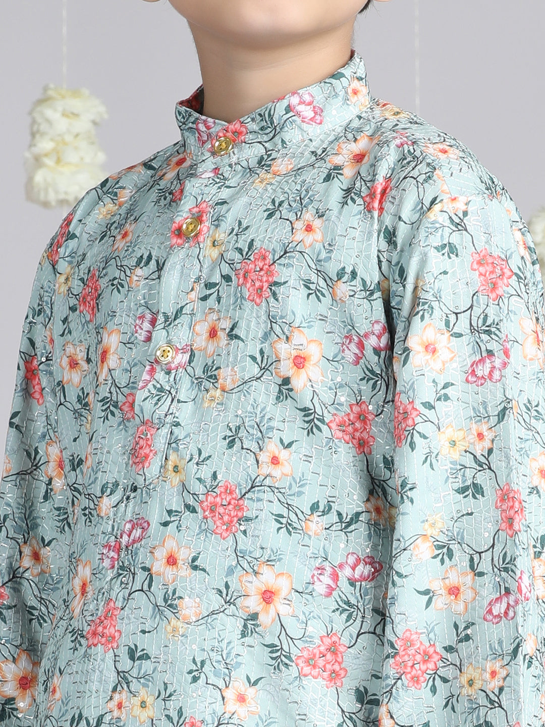 Cutiekins Boys Floral Printed Regular Kurta with Dhoti Pant -Sky Blue & White