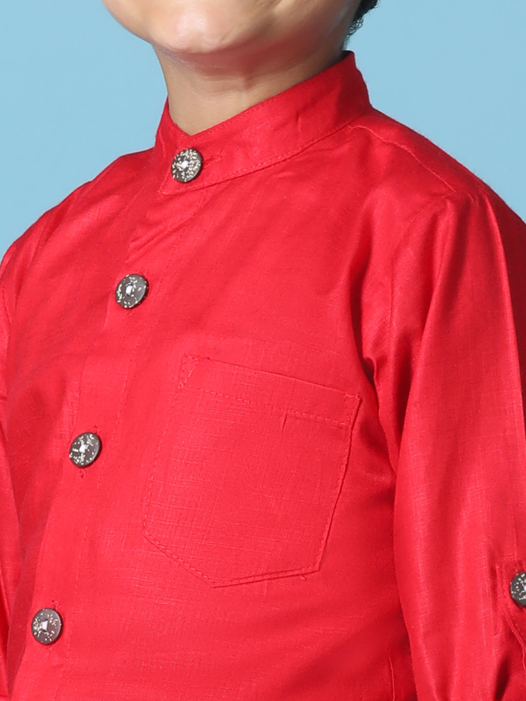 Cutiekins Boys Solid Shirt With Solid Denim Short -Red & White