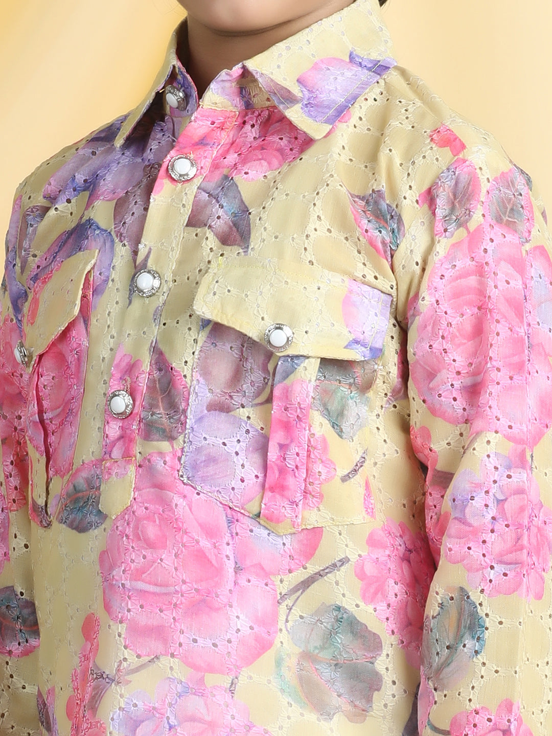 Cutiekins Boys Floral Print Shirt Collar Kurta & Pajama Set -Lemon Yellow & White