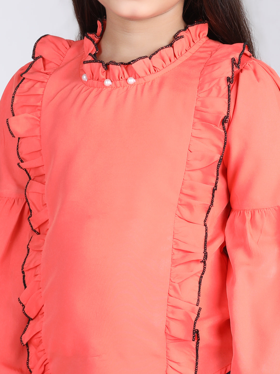 Cutiekins Solid Full Sleeves Polyester Tops-Orange & White