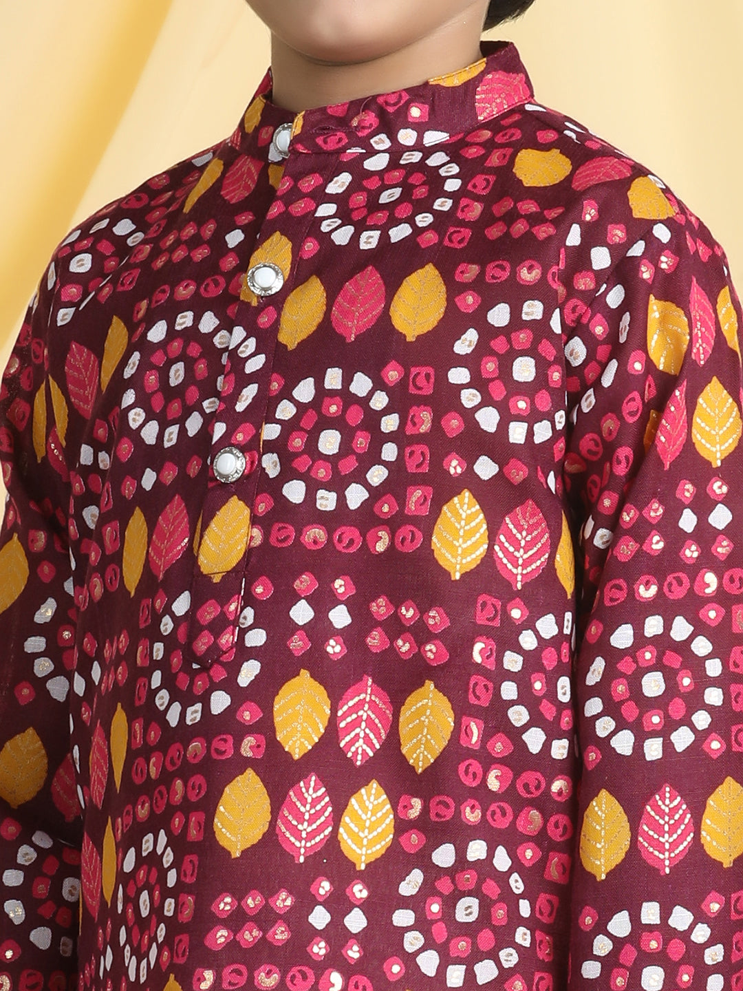 Cutiekins Boys Ethnic Motifs Print Mandarian Collar Kurta & Pajama Set -Wine & White