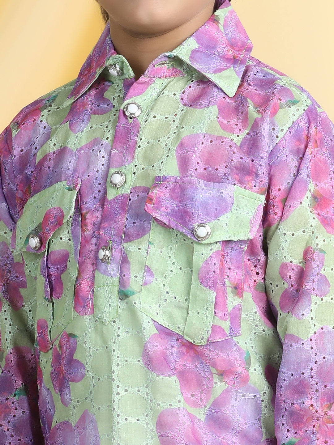 Cutiekins Boys Floral Print Shirt Collar Kurta & Pajama Set -Green & White