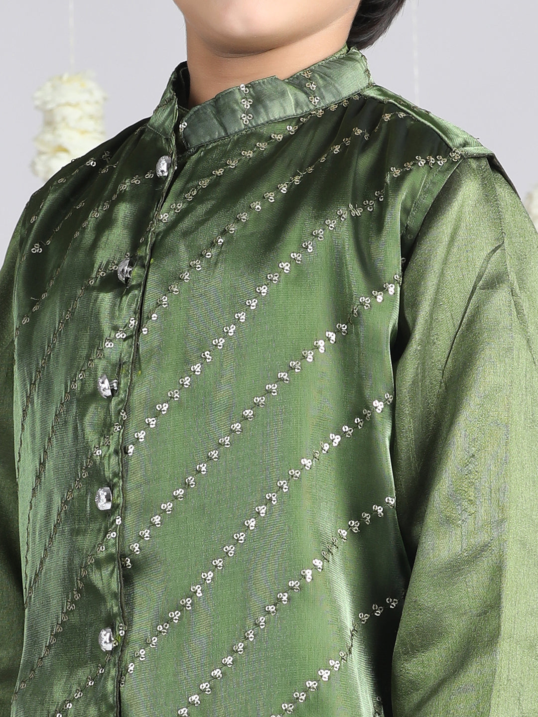 Cutiekins Boys Embroidered Regular Mirror Work Kurta & Pyjama with Jacket -Olive Green & Gold