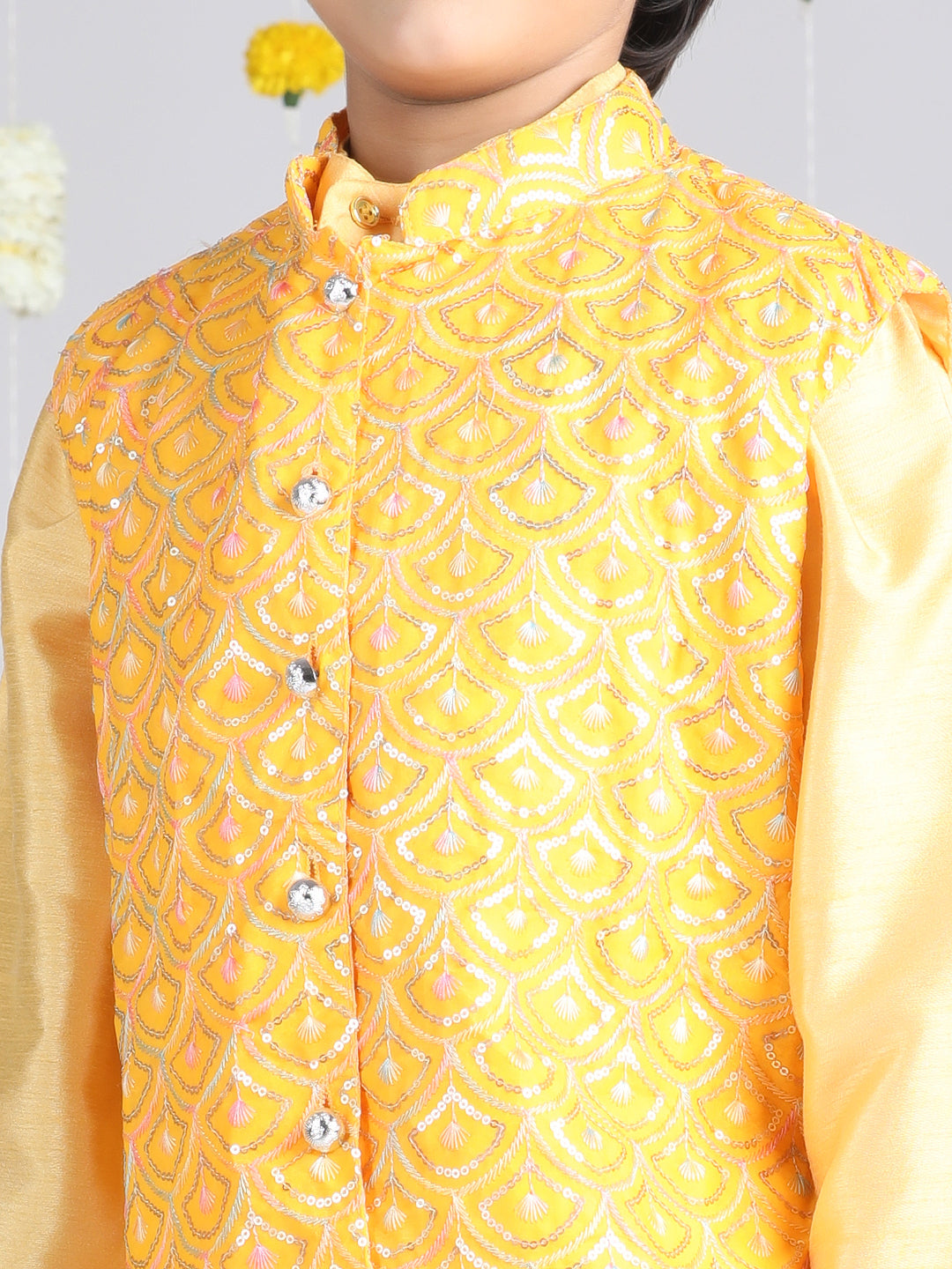 Cutiekins Boys Regular Thread Work Kurta & Pyjama with Jacket -Yellow & Silver