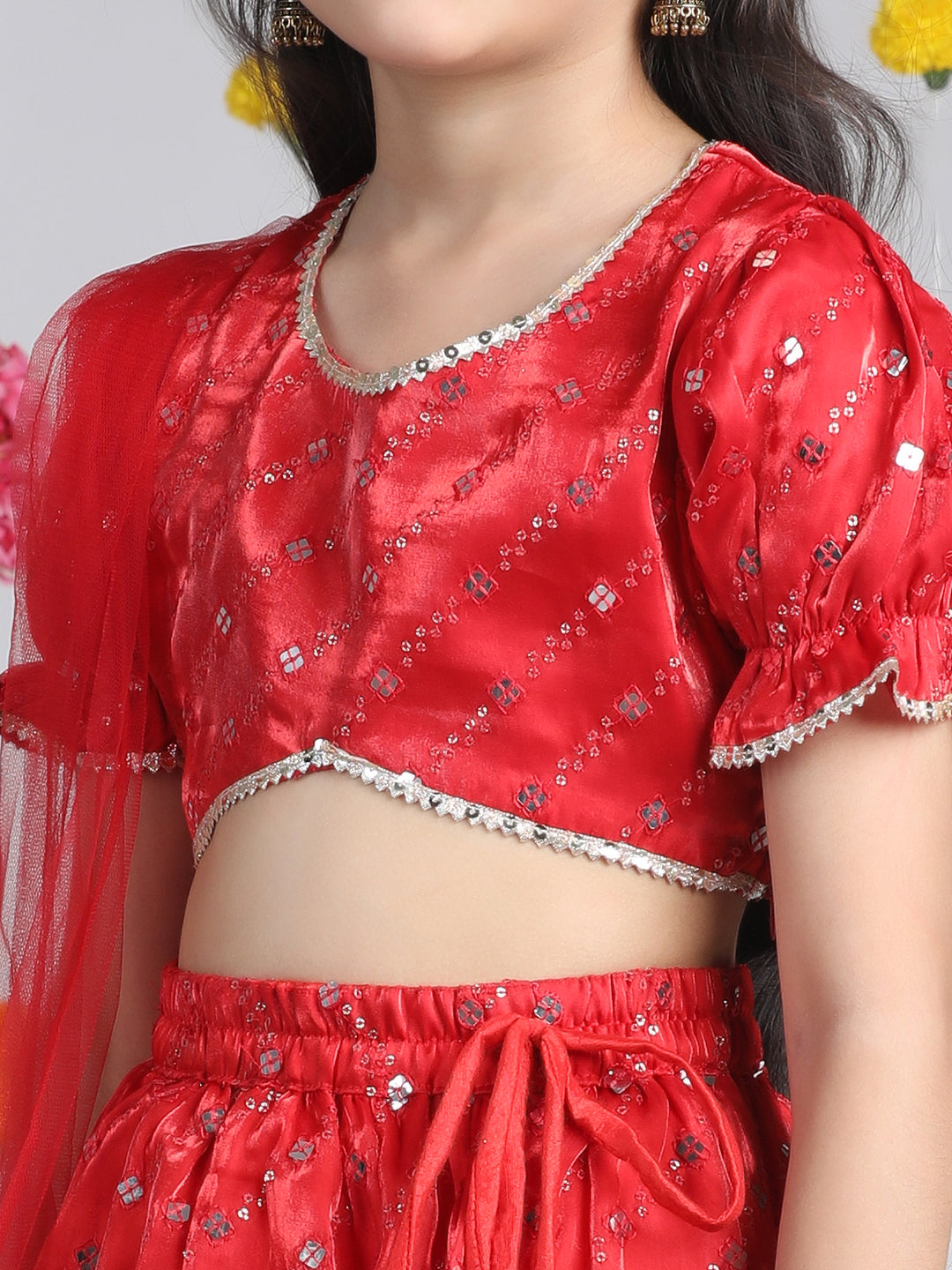 Cutiekins Girls Embroidered Mirror Work Ready to Wear Lehenga & Choli With Dupatta -Red & Gold