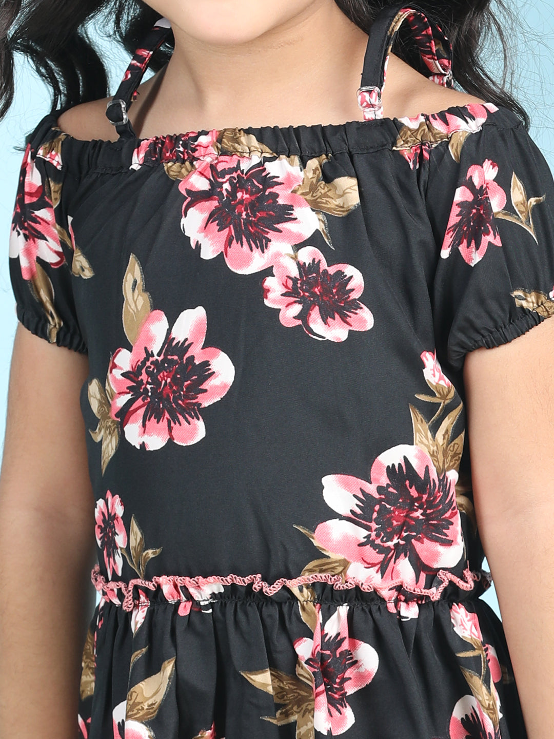 Cutiekins Girls Trendy & Stylish Floral Printed Dress -Black & Pink