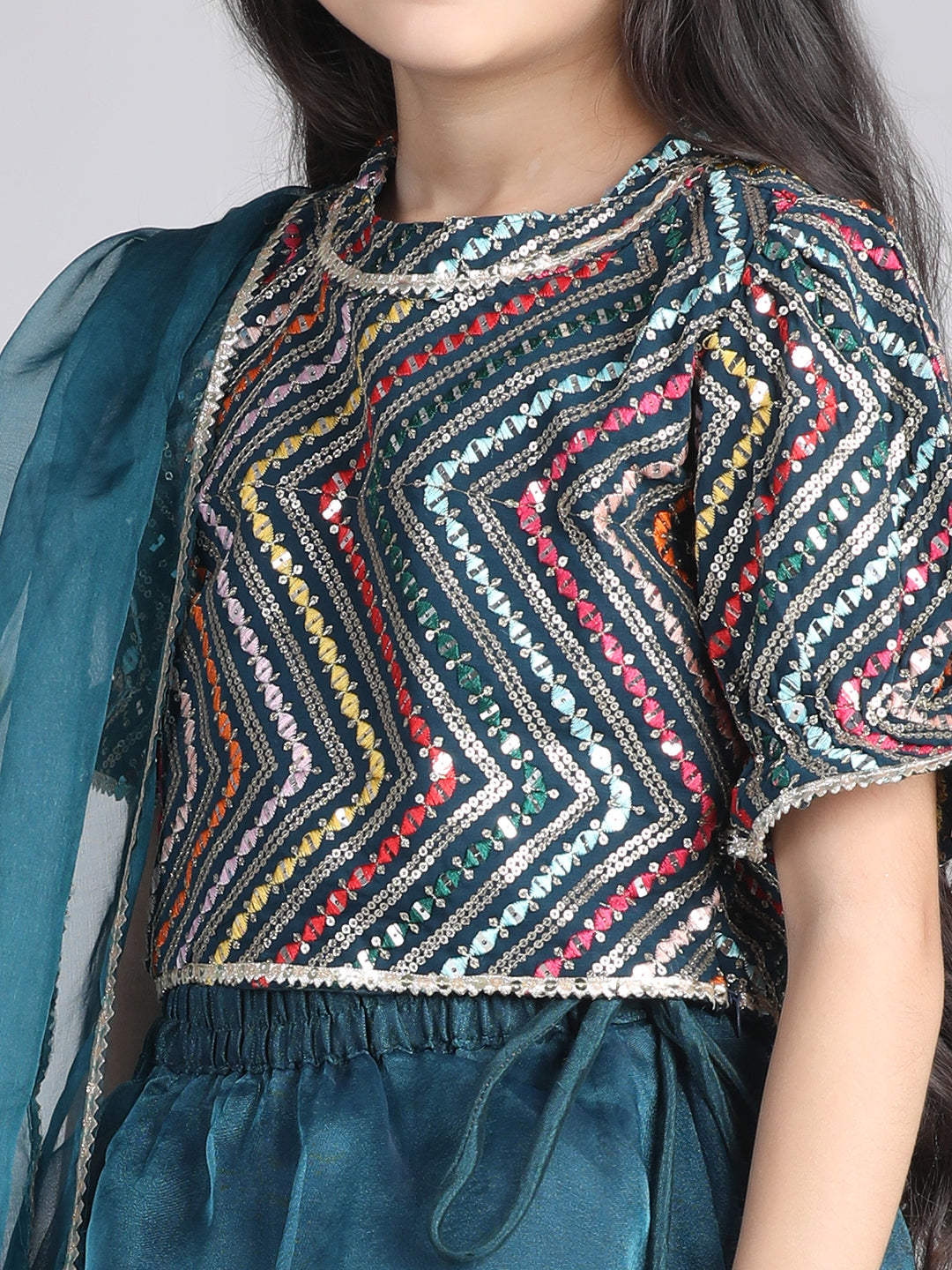 Cutiekins Girls Embroidered Sequinned Ready to Wear Lehenga & Choli With Dupatta -Teal & Silver