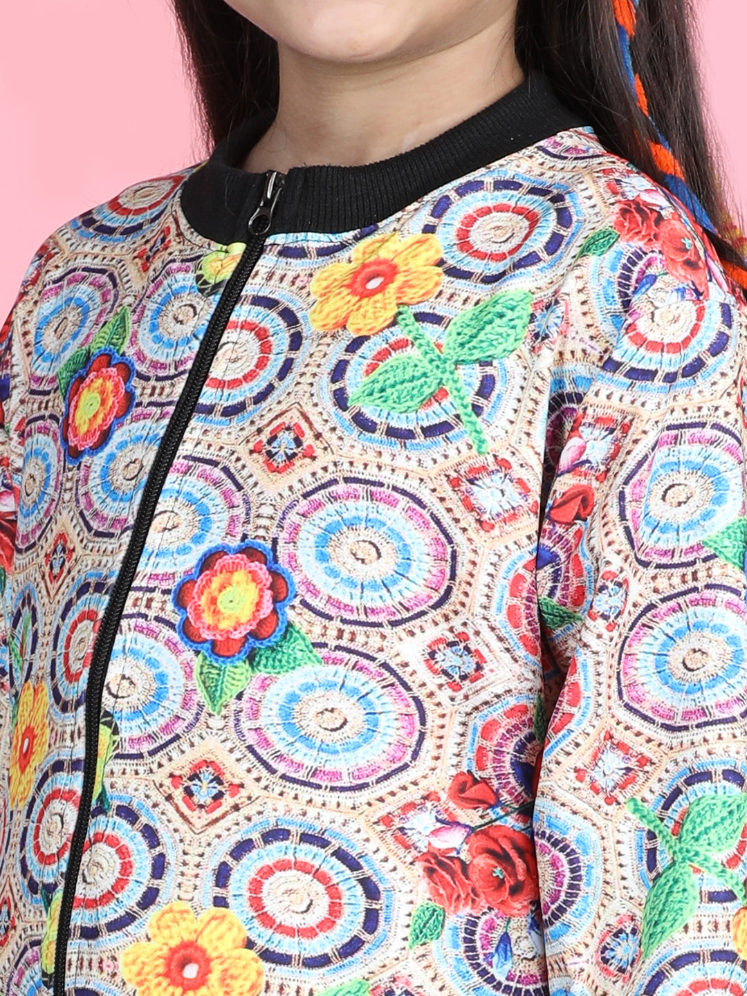 Cutiekins Cotton Lycra Geometric Print Full Sleeves Jacket-Beige & Black