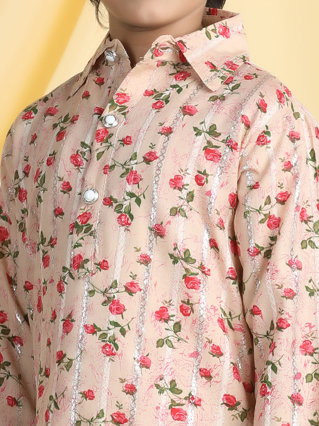 Cutiekins Boys Floral Print Shirt Collar Kurta with Pajama -Beige & Red