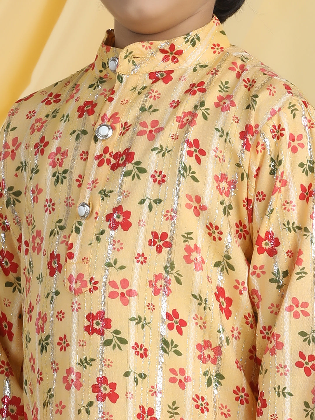 Cutiekins Boys Floral Print Mandarin Collar Kurta with Pajama -Mustard & Red