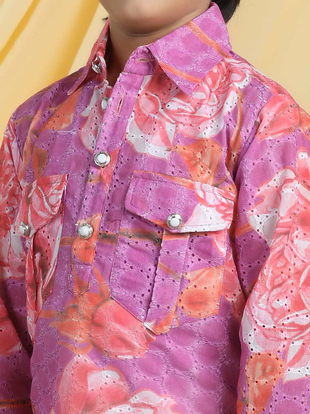 Cutiekins Boys Floral Print Shirt Collar Kurta & Pajama Set -Bright Purple & White