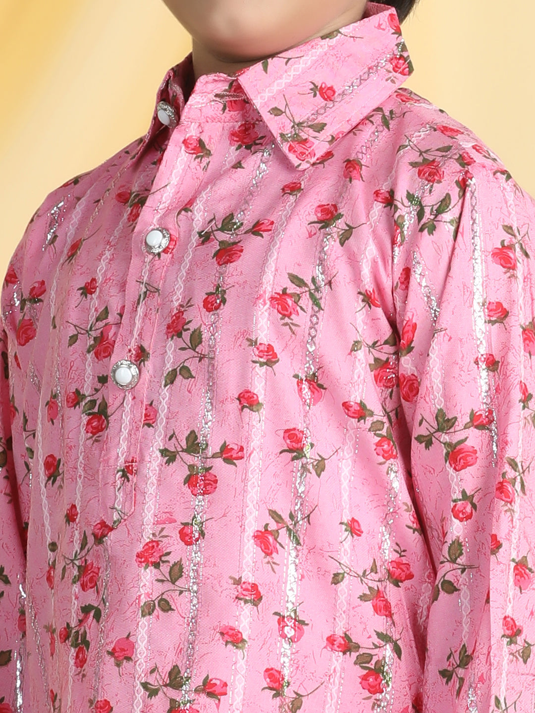 Cutiekins Boys Floral Print Shirt Collar Kurta with Pajama -Pink & Red