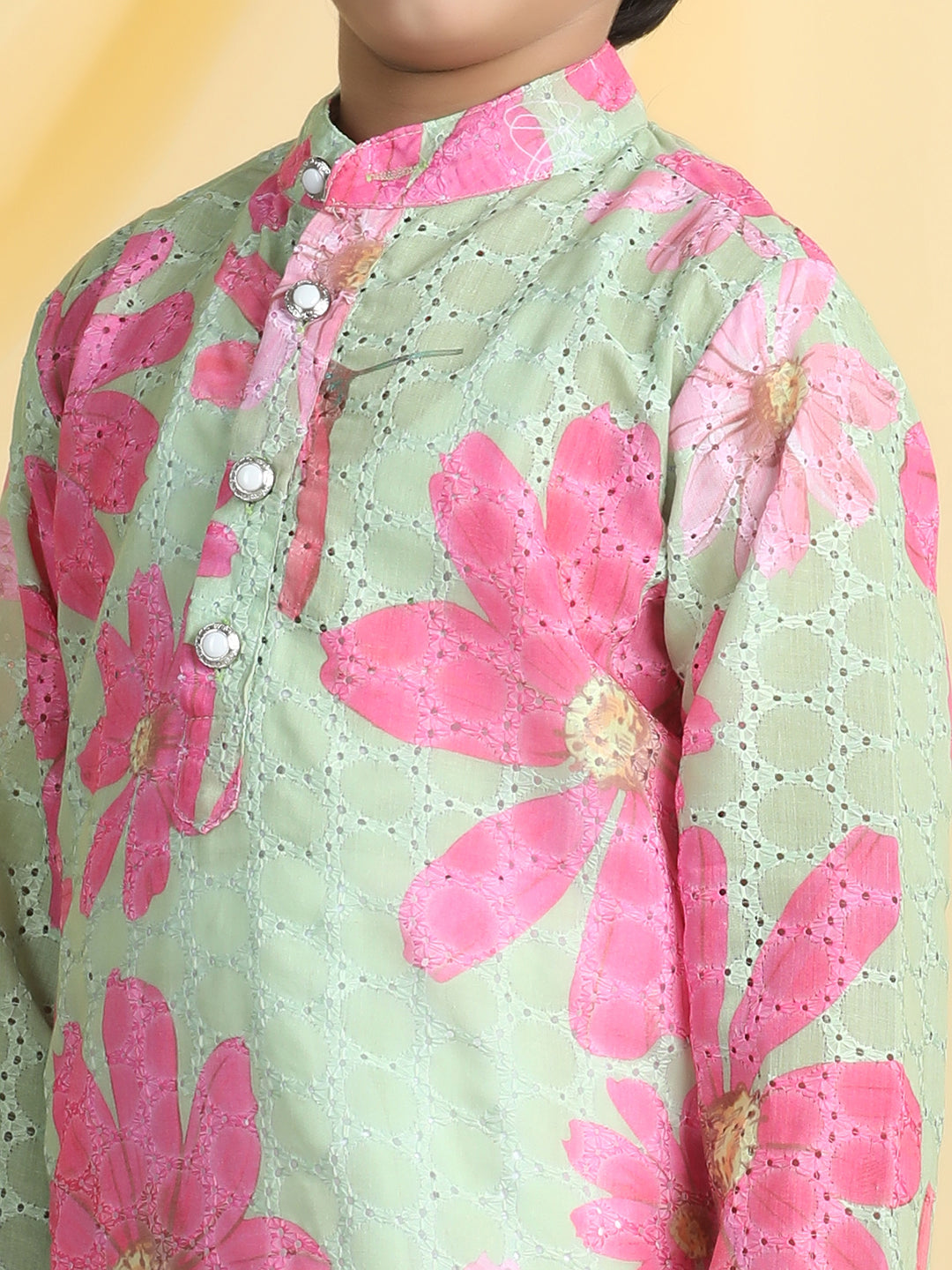 Cutiekins Boys Floral Print Mandarin Collar Kurta with Dhoti -Green & White