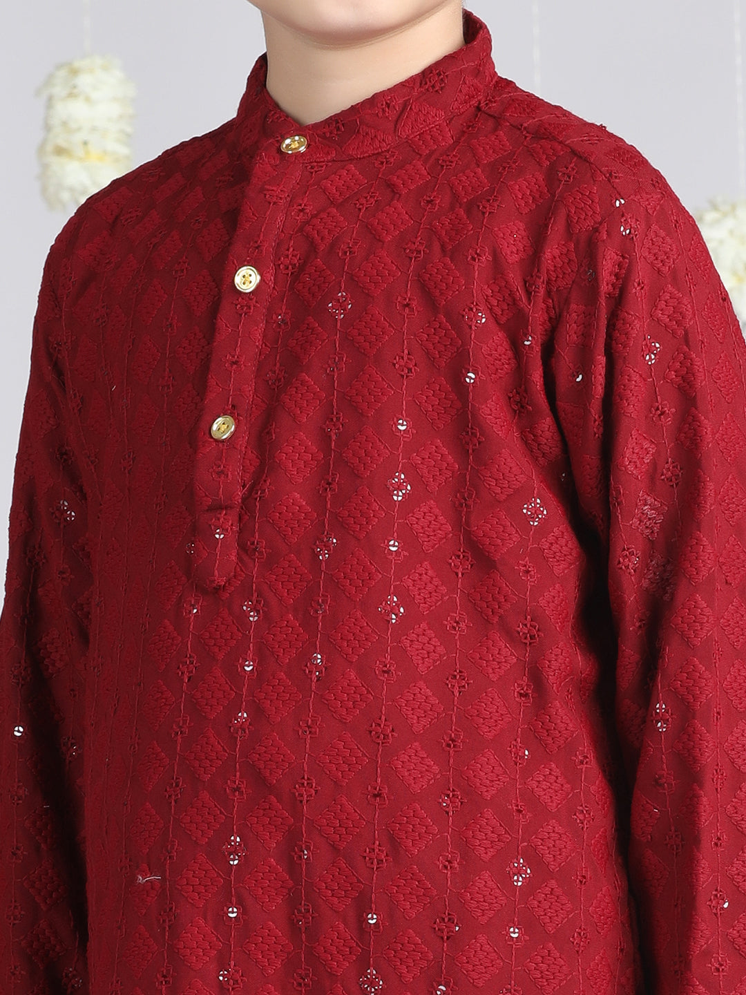 Cutiekins Boys Self design Kurta with Pyjama -Maroon & White