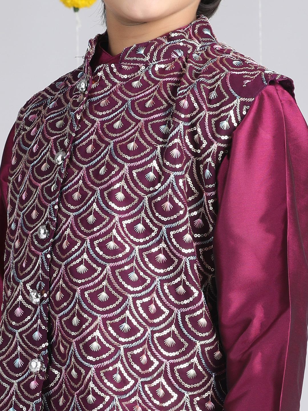 Cutiekins Boys Solid Kurta & Pyjamas with Embroidered Jacket -Wine & Silver