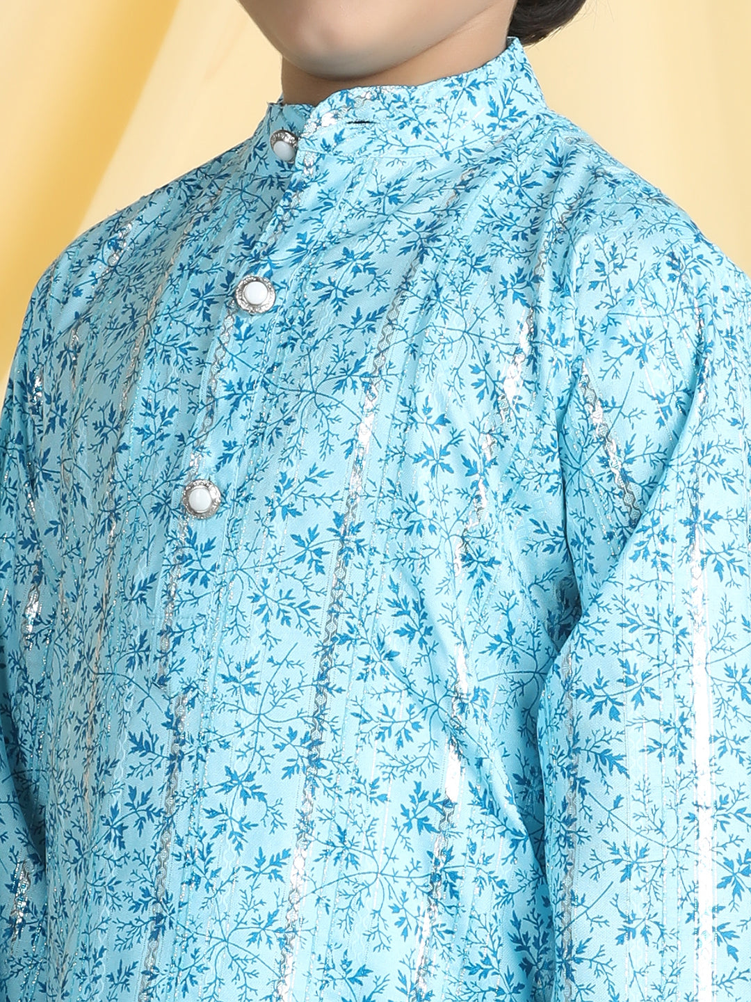 Cutiekins Boys Tropical Print Mandarian Collar Kurta & Pajama Set -Sky Blue & Teal Blue