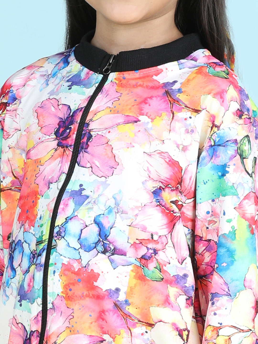 Cutiekins Cotton Lycra Floral Printed Full Sleeves Jacket-Off White & Black