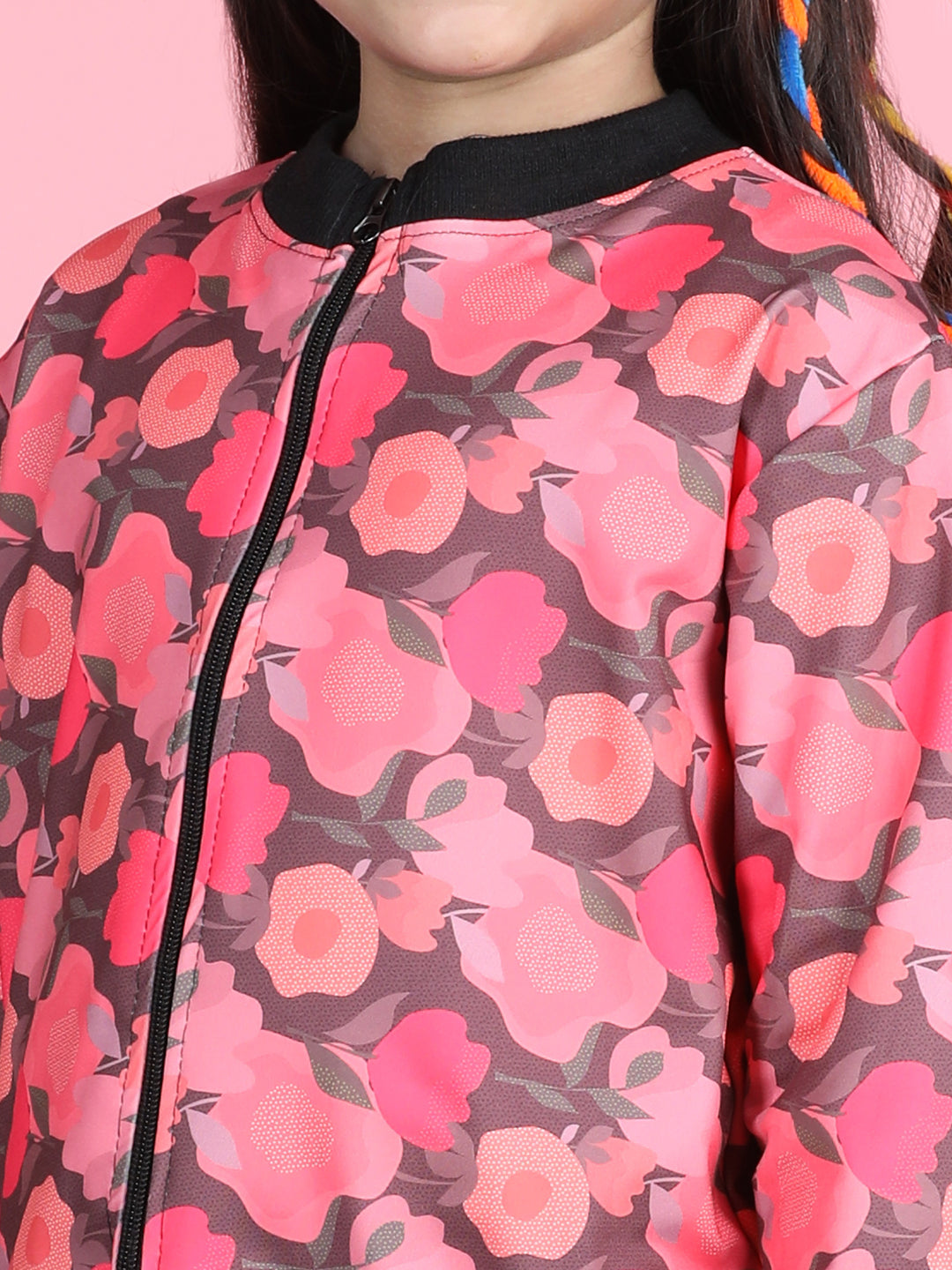 Cutiekins Cotton Lycra Floral Printed Full Sleeves Jacket-Peach & Black