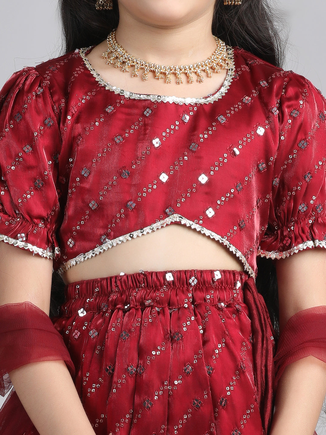 Cutiekins Girls Embroidered Mirror Work Ready to Wear Lehenga & Choli With Dupatta -Maroon & Gold