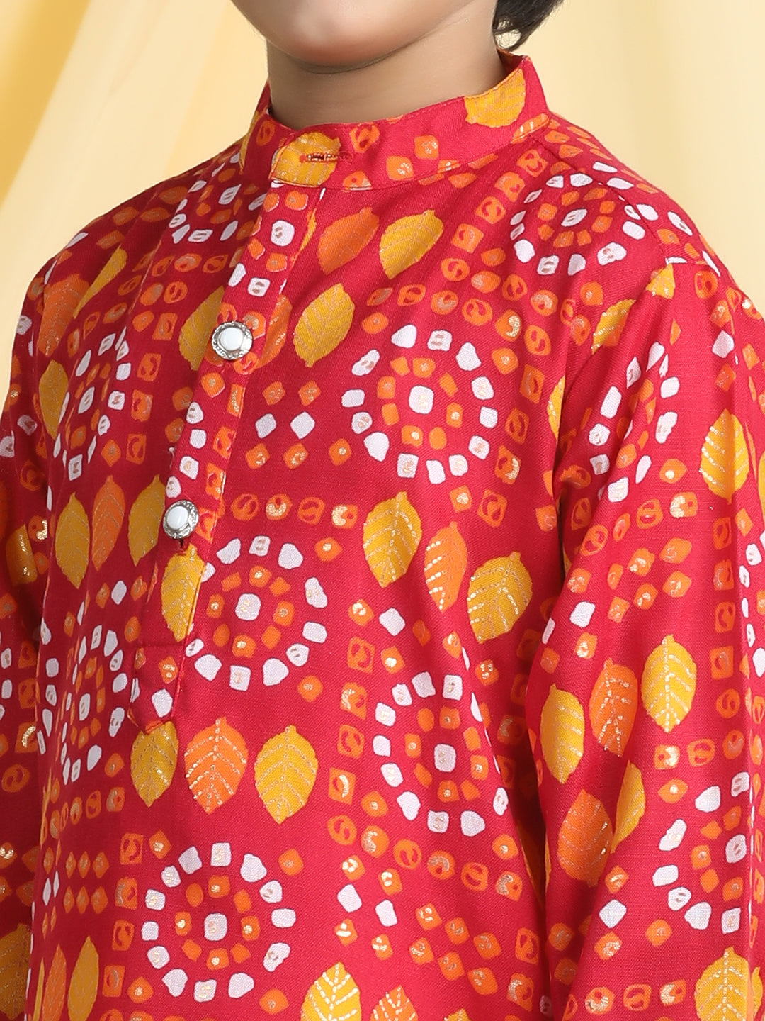 Cutiekins Boys Ethnic Motifs Print Mandarian Collar Kurta & Pajama Set -Red & White