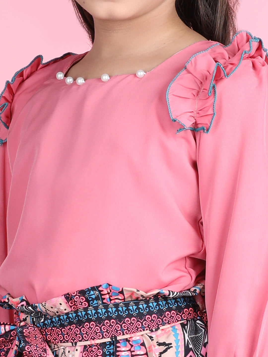 Cutiekins Polyester Solid Top & Printed Palazzos Set -Peach & Multi