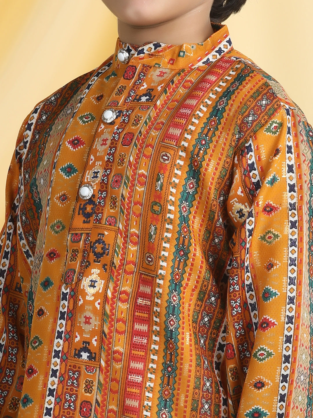 Cutiekins Boys Tribal Print Mandarian Collar Kurta & Pajama Set -Mustard & White
