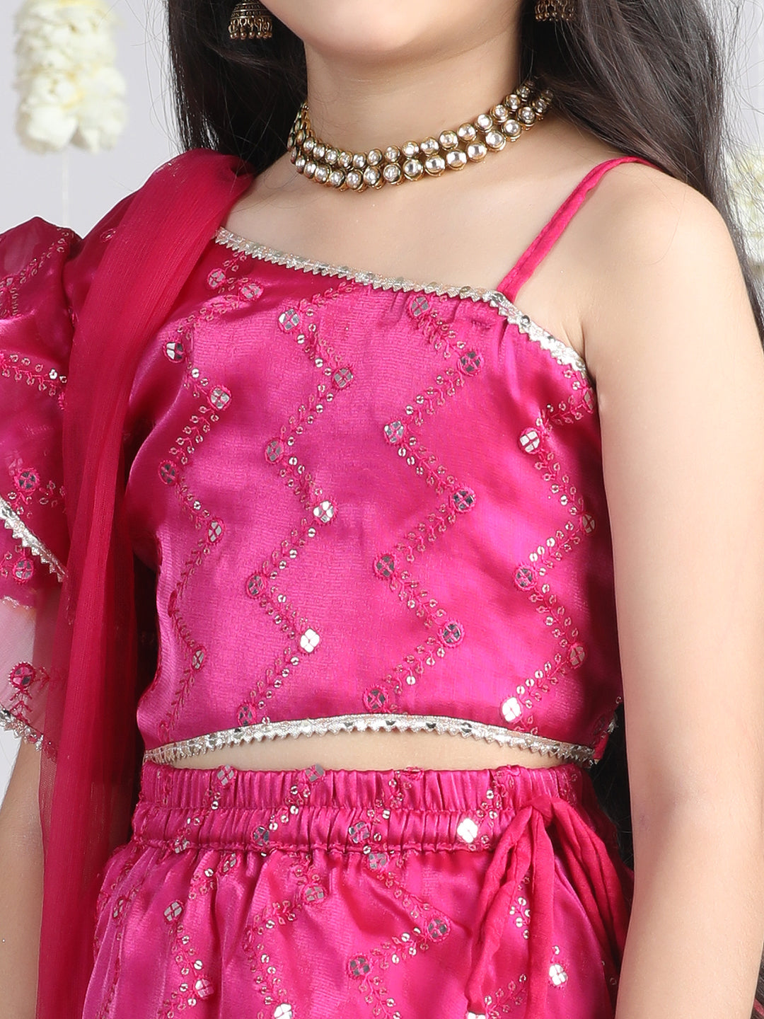 Cutiekins Girls Embroidered Mirror Work Ready to Wear Lehenga & Blouse With Dupatta