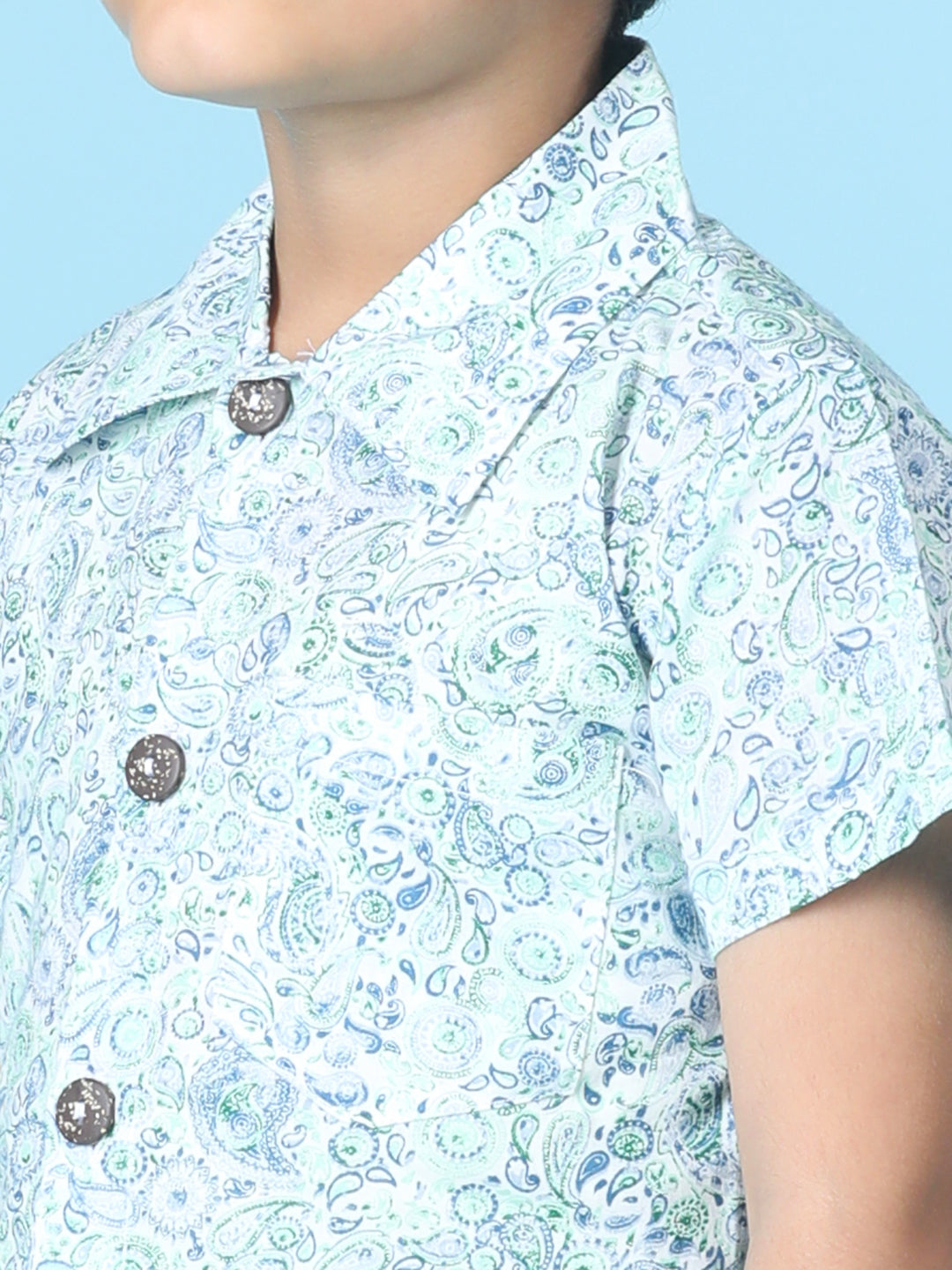Cutiekins Boys Printed Shirt With Solid Short -Off White & Steel Blue