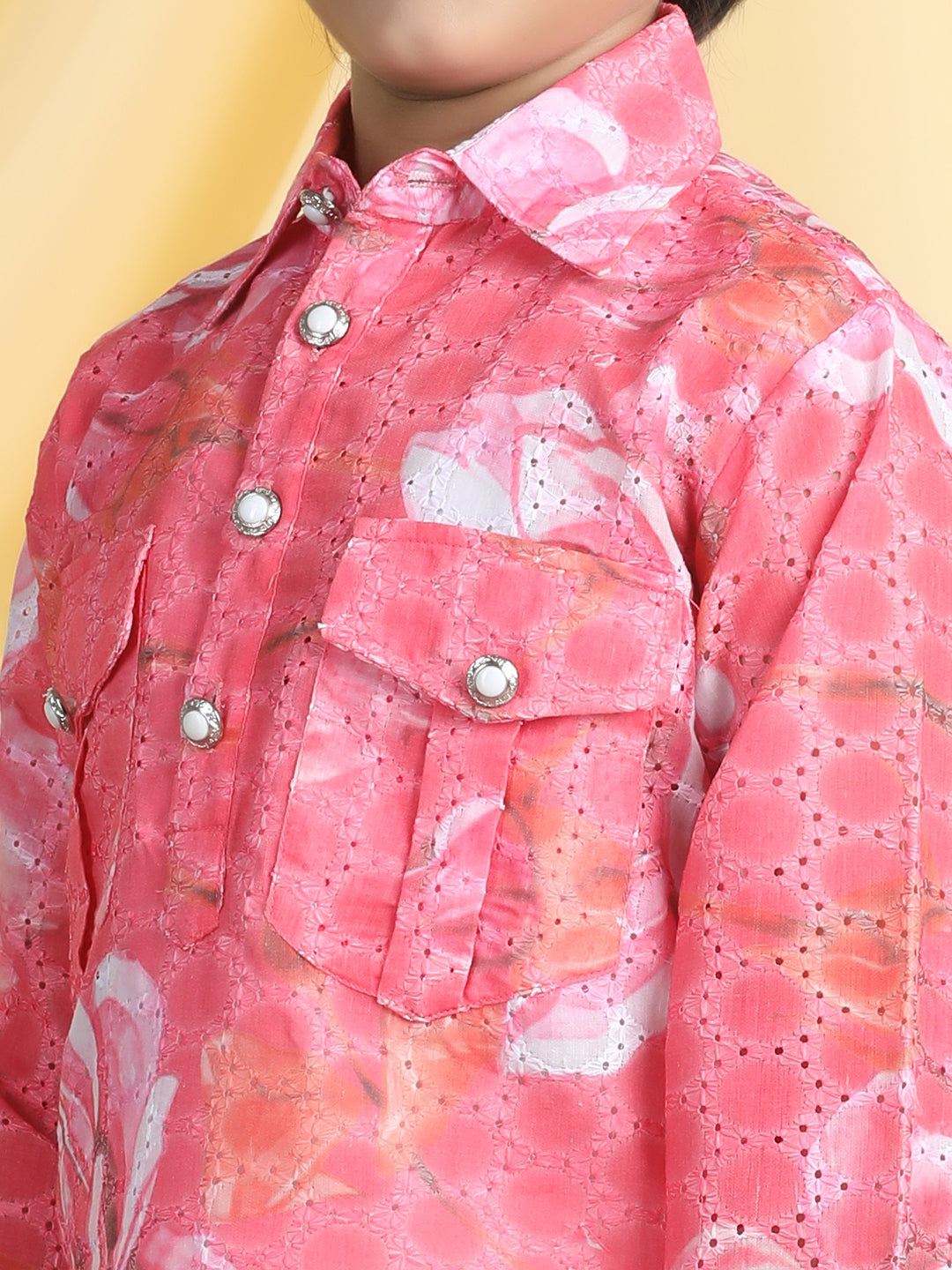 Cutiekins Boys Floral Print Shirt Collar Kurta & Pajama Set -Coral Pink & White