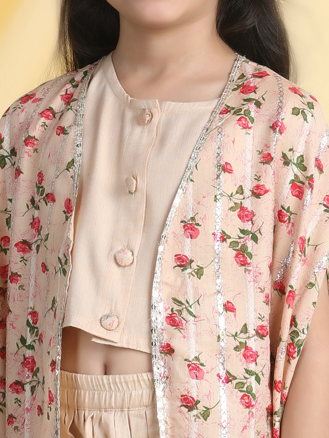 Cutiekins Girls Solid Crop Top & Dhoti Pant With Floral Print Shrug -Beige & Red