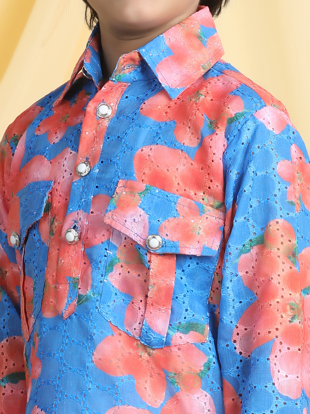 Cutiekins Boys Floral Print Shirt Collar Kurta & Pajama Set -Blue & White