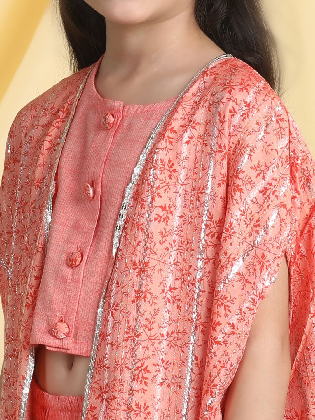 Cutiekins Girls Solid Crop Top & Palazzo With Tropical Print Shrug -Coral & Orange