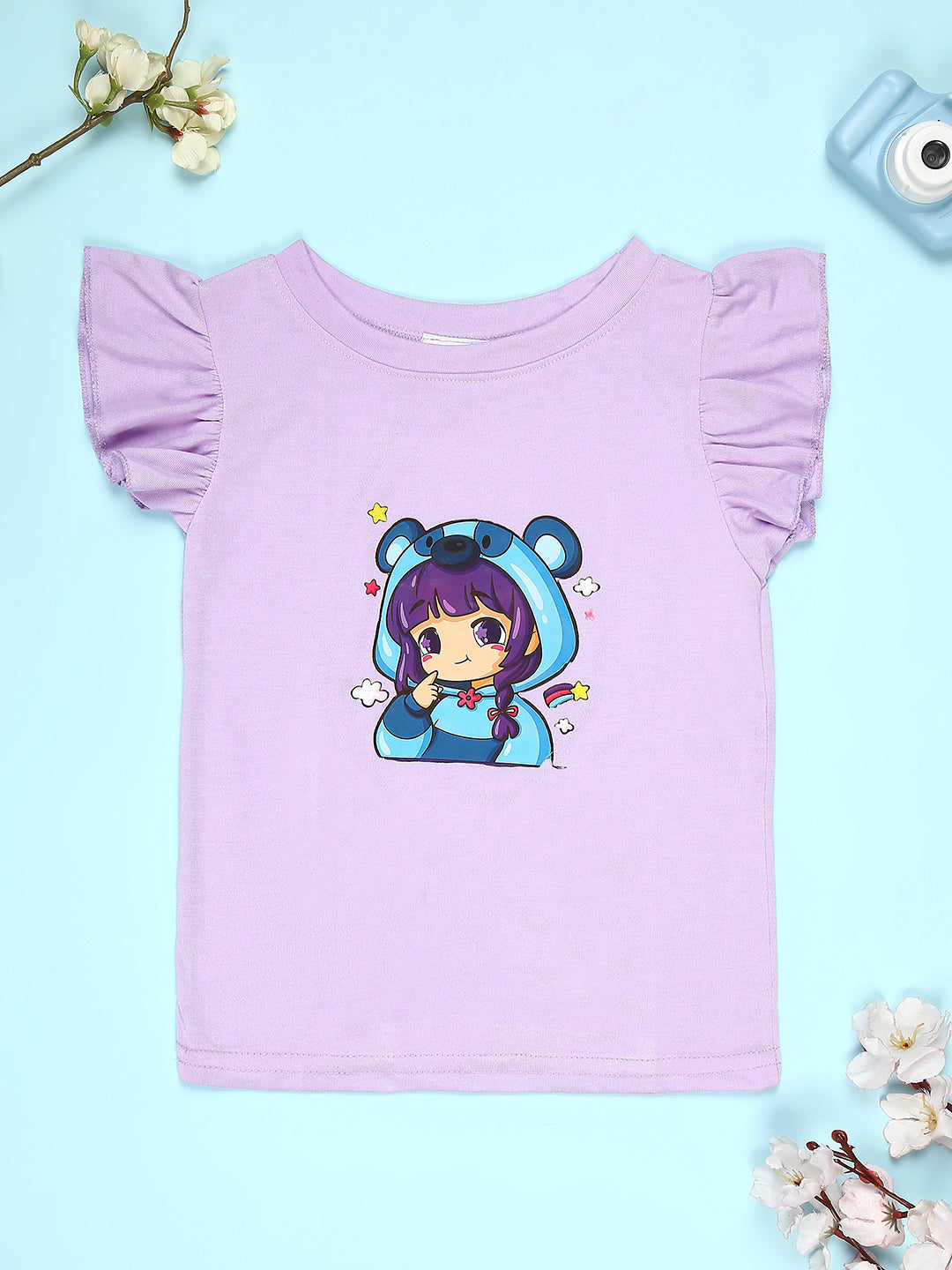 Cutiekins Girls Graphic Print T-Shirt With Solid Short -Lavender & Black