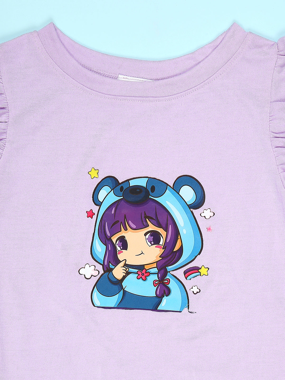 Cutiekins Girls Graphic Print T-Shirt With Solid Short -Lavender & Black