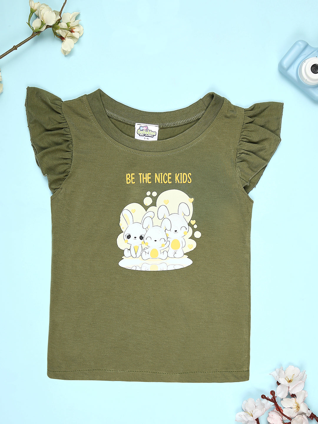 Cutiekins Girls Graphic Print T-Shirt With Solid Short -Olive Green & Black